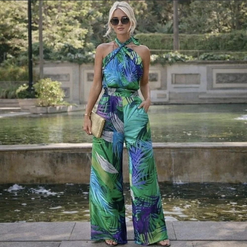 Zara Tropical Print Halter Jumpsuit